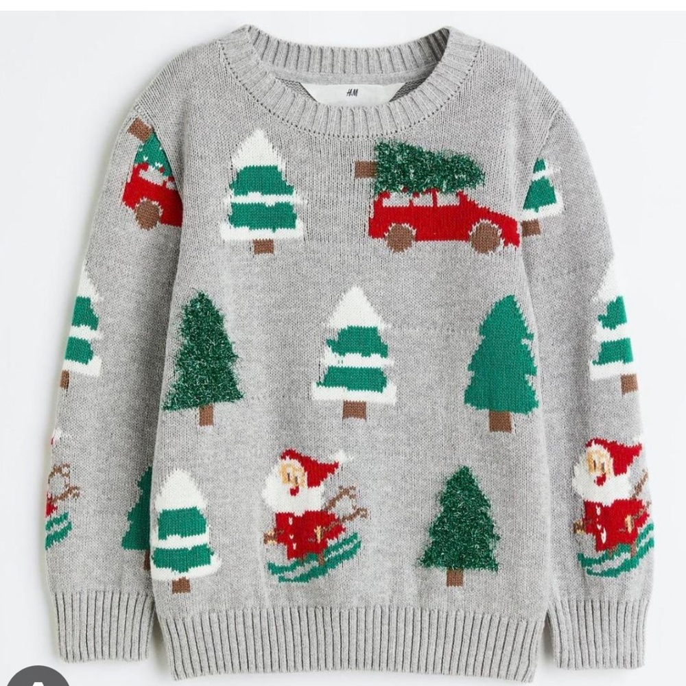 H&M Festive Gray Sweater with Trees and Santa